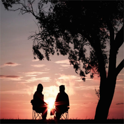 Two people under a tree at sunset