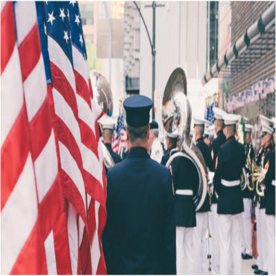 A militrary band performing in a parade